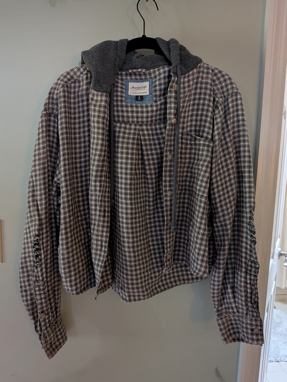 American Eagle Outfitters Gray Plaid Hooded Shirt